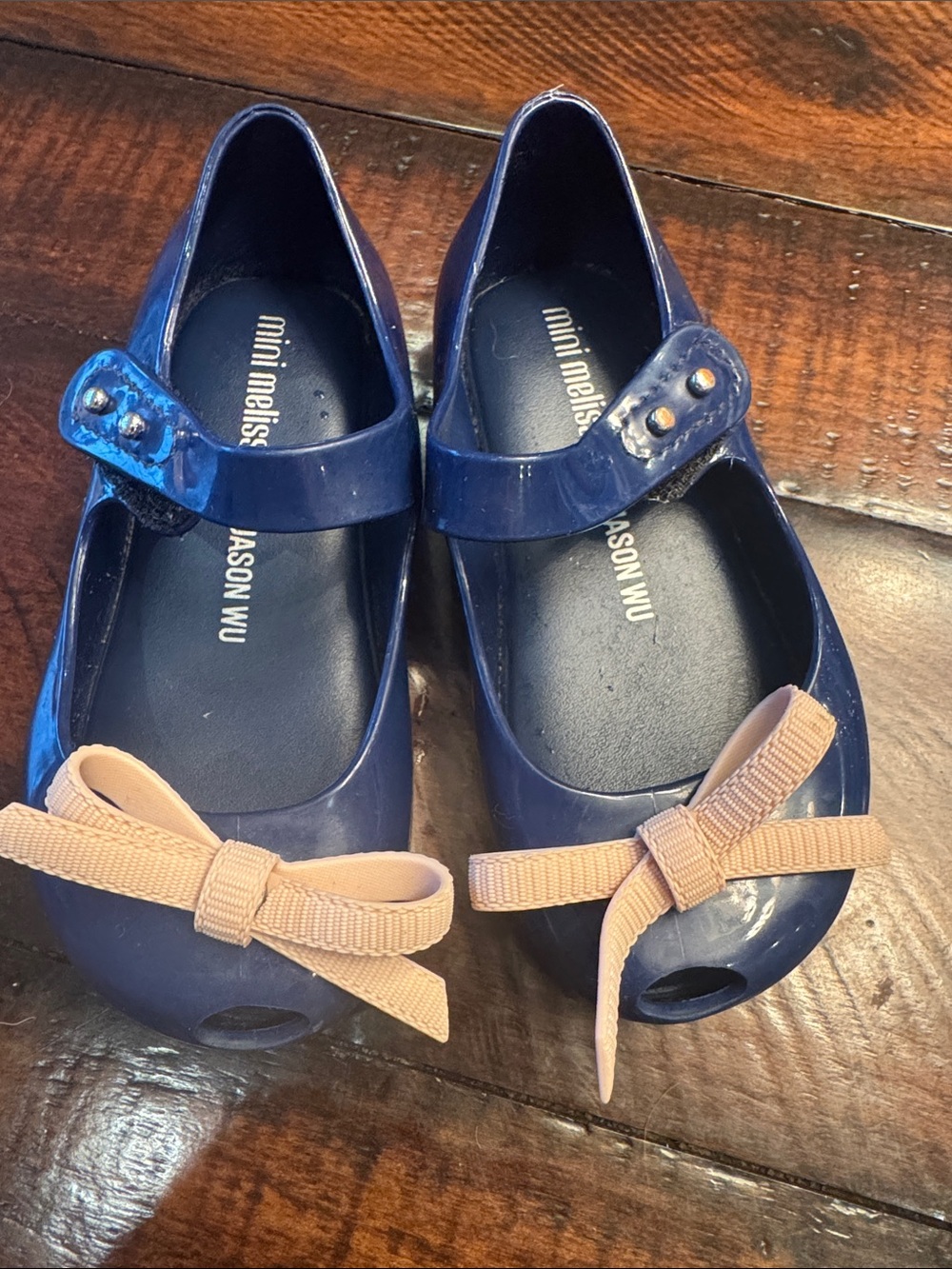 Mini Melissa Navy Mary Janes with Blush Bow
